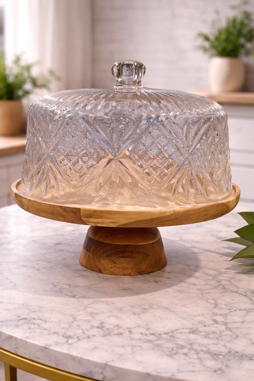 CAMPANA DE VIDRIO LABRADA CON BASE DE MADERA ACACIA